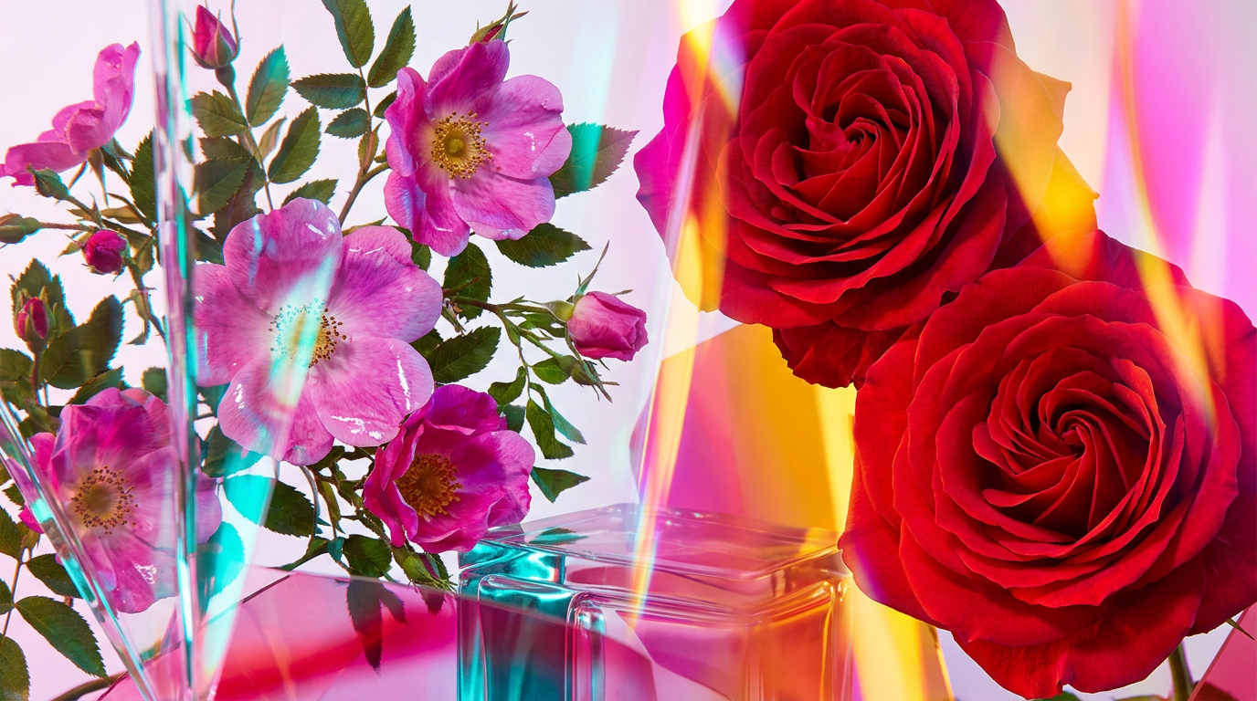 An aesthetic display of rose petals and artisanal perfume bottles