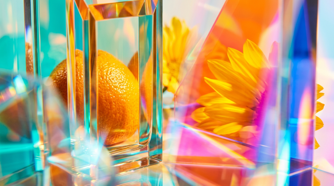 A collection of bright, summery fragrance bottles bathing in golden hour sunlight