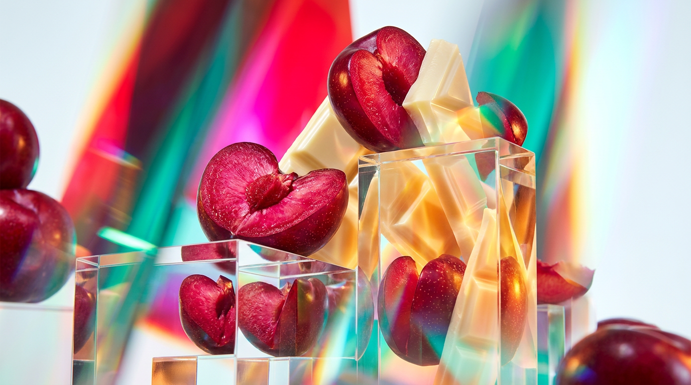 An aesthetic display of dark plums and creamy white chocolate shards representing luxury fragrance notes