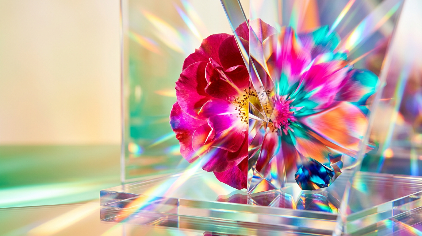 An artistic arrangement of wild roses and luxury perfume bottles representing the comparison between natural and gourmand florals