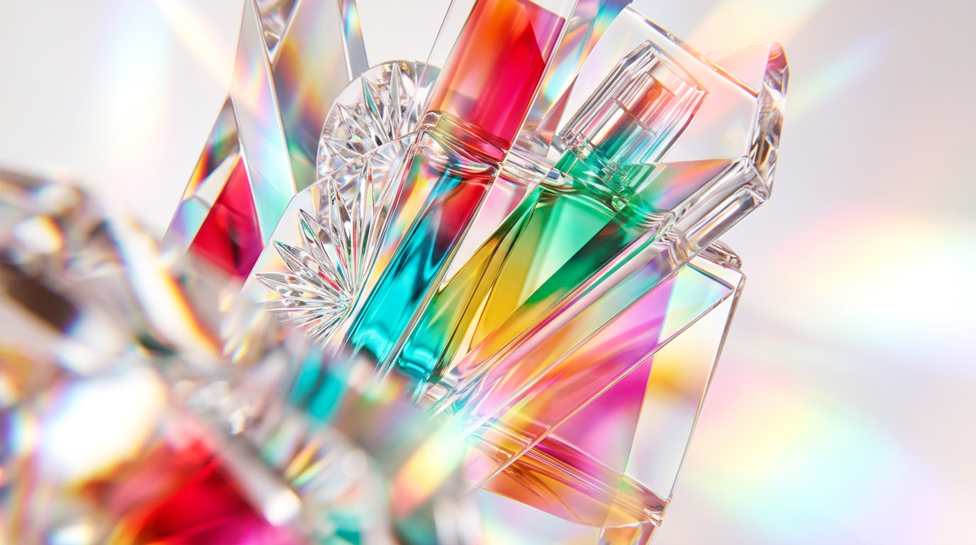 An aesthetic display of fragrance bottles on a vanity, representing the shift from morning light to evening shadow