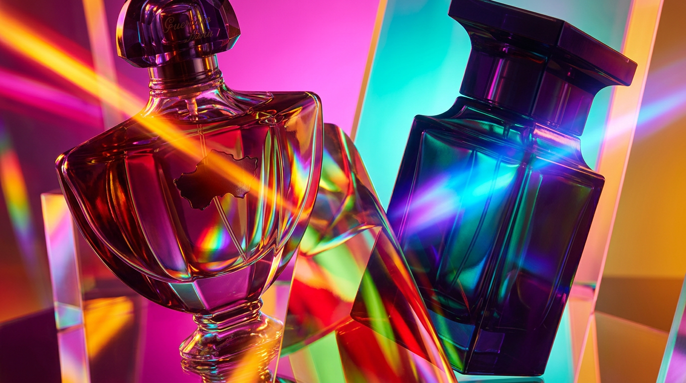 Luxury perfume bottles reflecting gold and black light