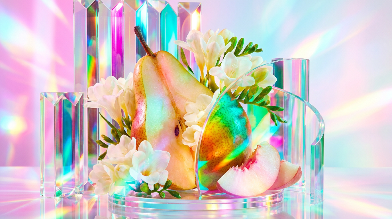 A luxurious display of fruity and floral perfumes in a bright garden setting