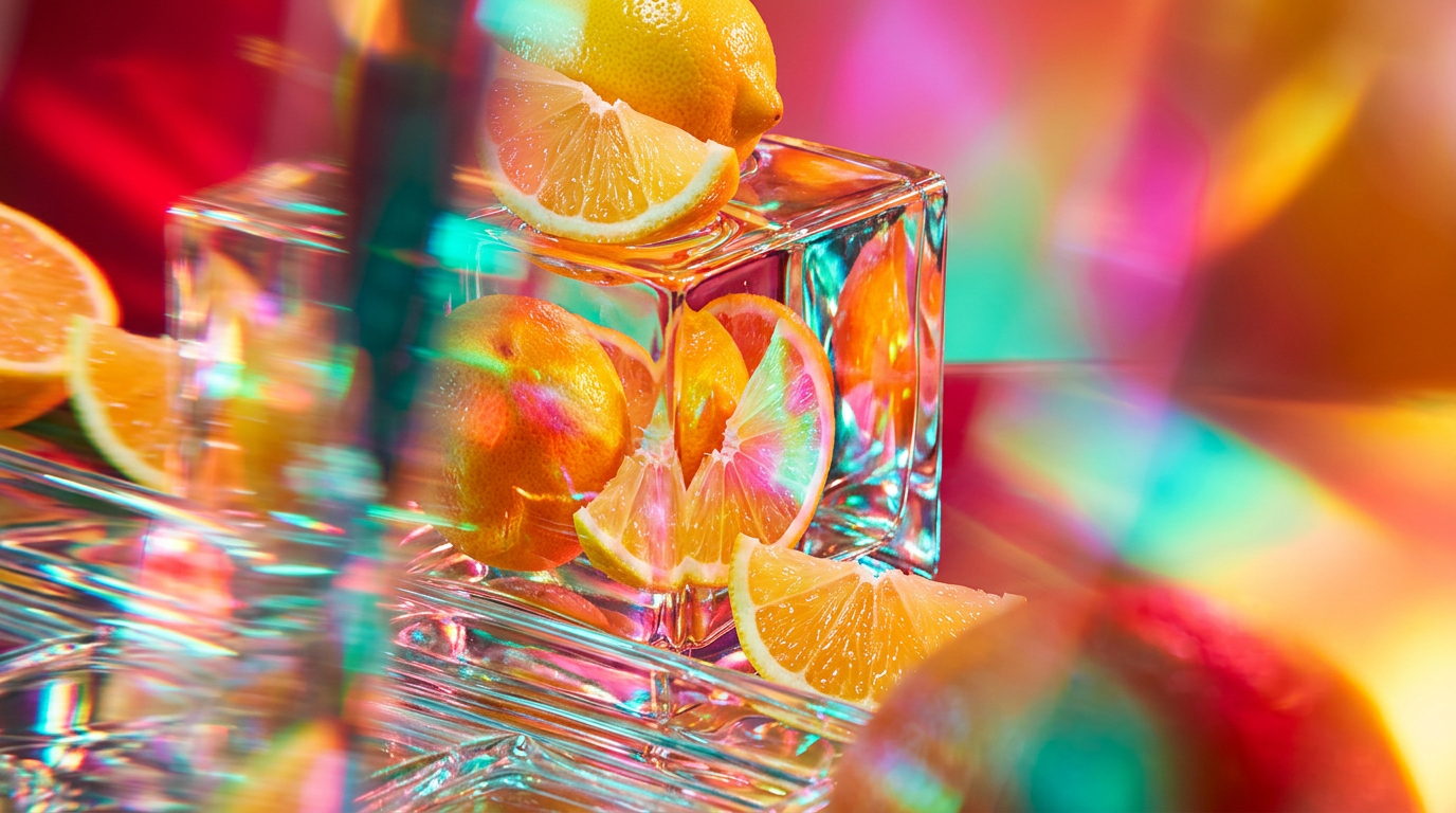 Sparkling citrus perfume bottles on a sunlit morning vanity