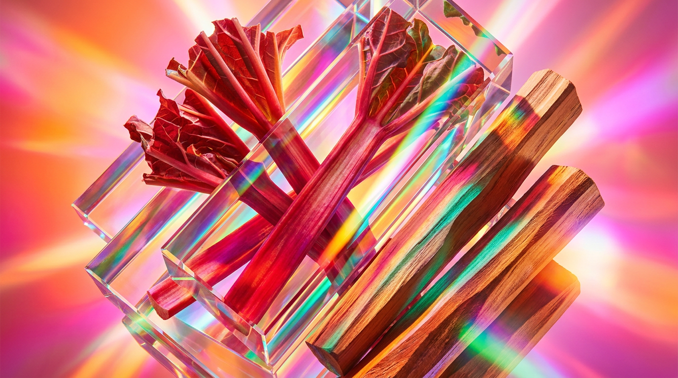 Rhubarb and Sandalwood fragrance bottles on a marble table with fresh rhubarb stalks