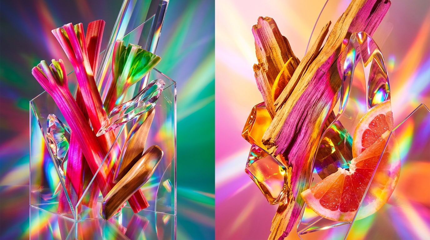 Luxury perfume bottles set against a woody and citrus background
