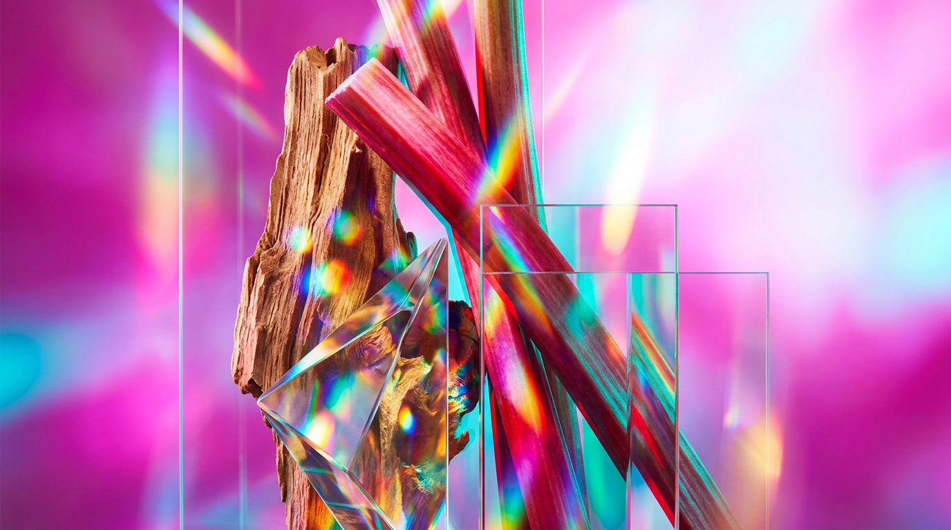 Rhubarb Sandalwood fragrance bottle with artistic light effects