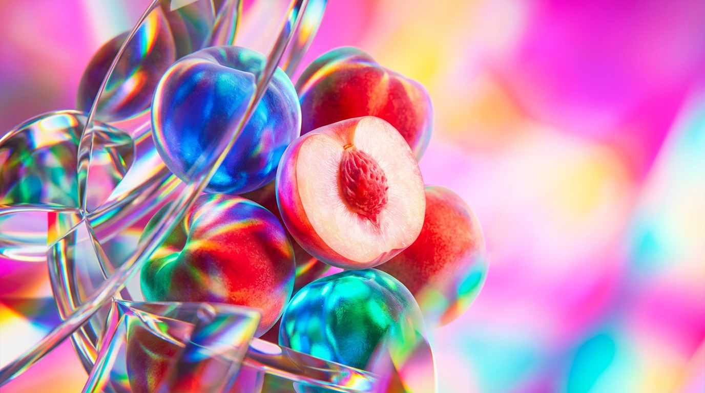 A collection of elegant fragrance bottles on a sunlit vanity with fresh peaches