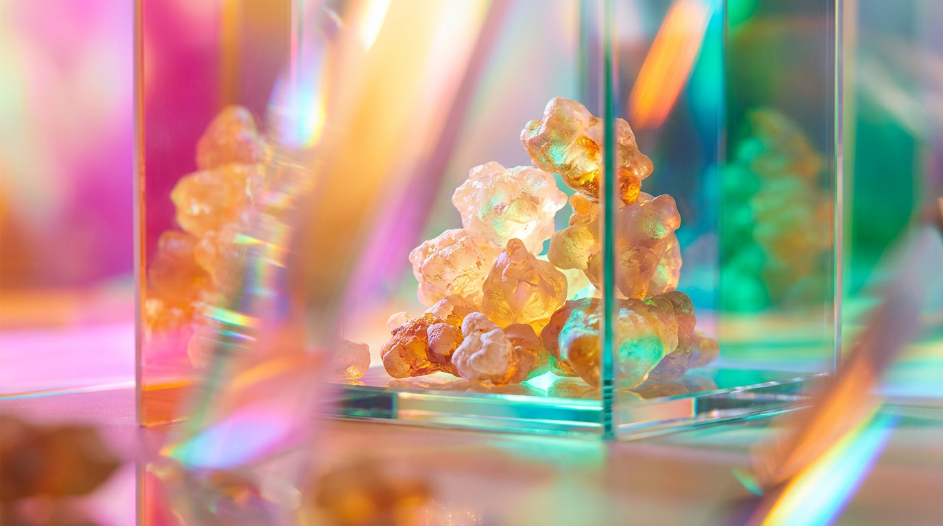 An artistic representation of frankincense resin and modern fragrance bottles