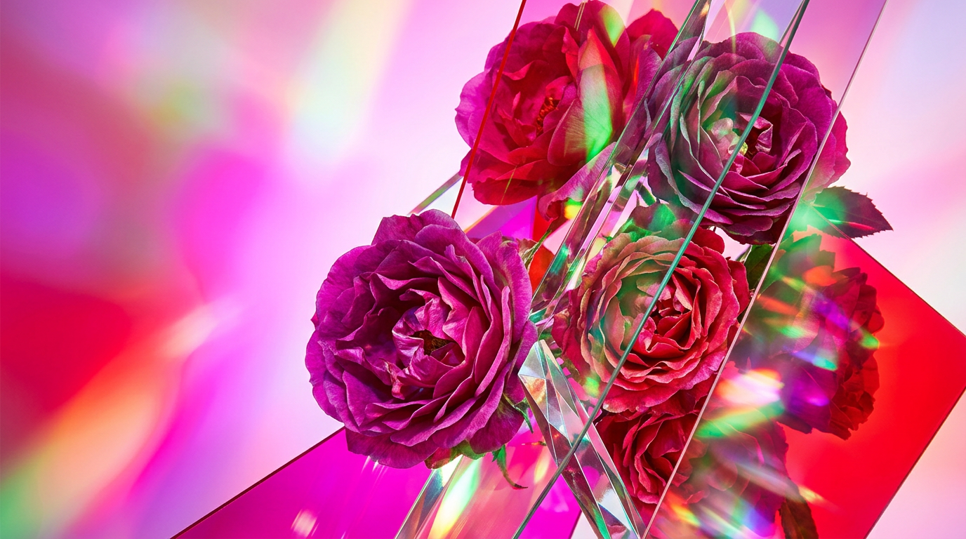 A collection of elegant rose perfumes and fresh botanical ingredients