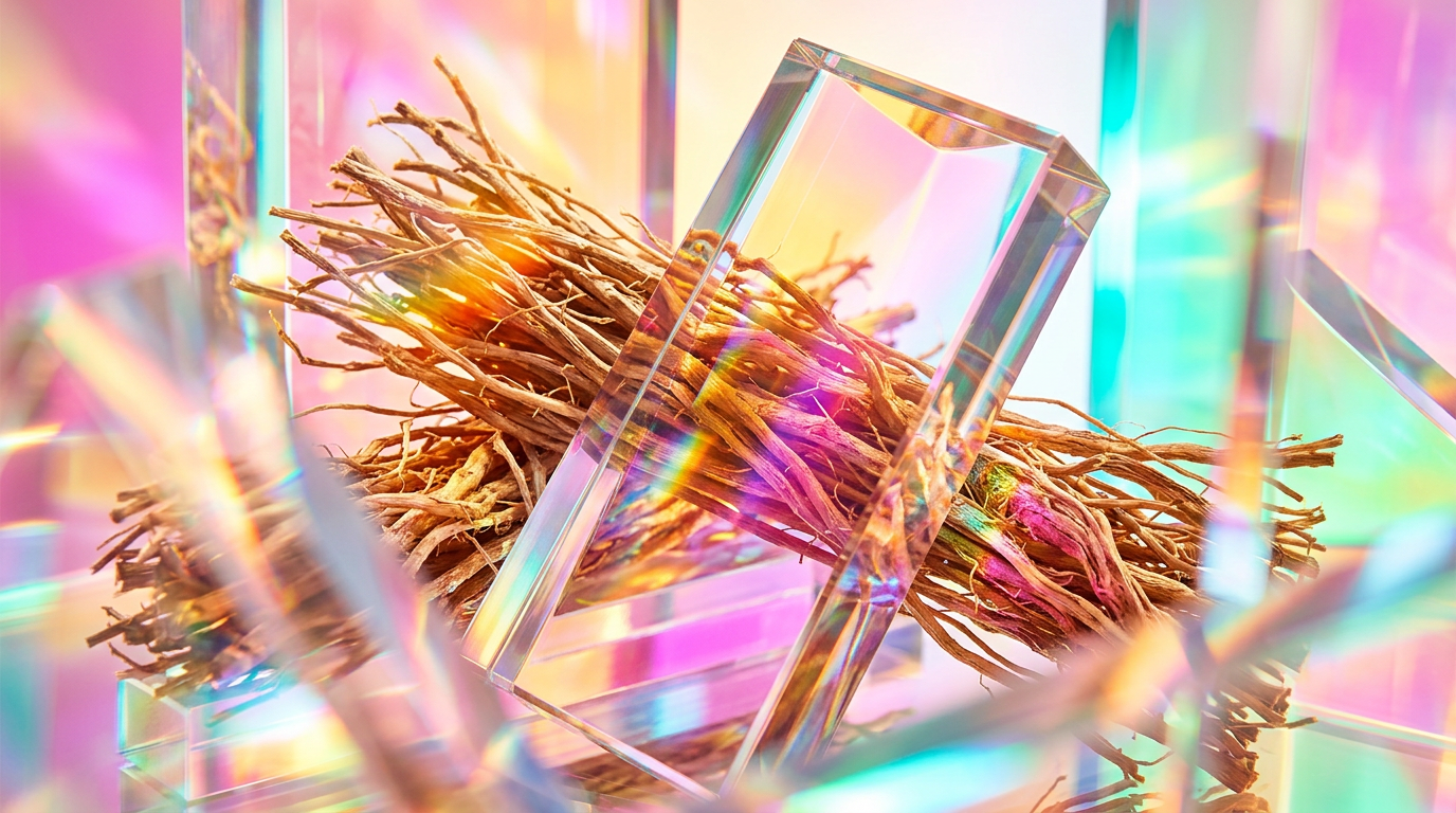 Vetiver roots and luxury perfume bottles on a wooden surface