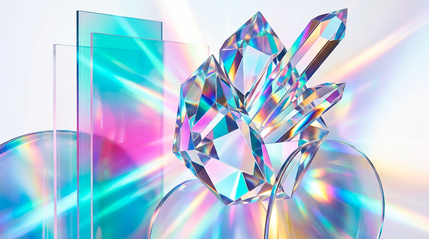 Crystalline fragrance bottles reflecting soft morning light