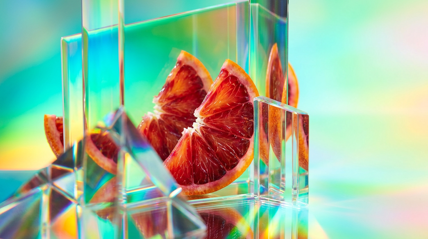 Refreshing Blood Oranges fragrance bottle on a sun-drenched summer backdrop