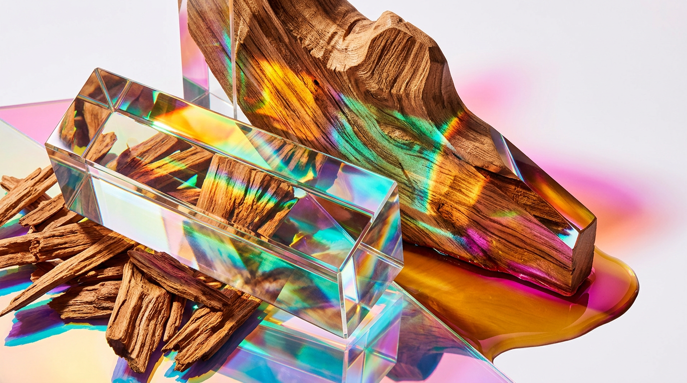 An artistic representation of sandalwood branches and aromatic oils under soft light