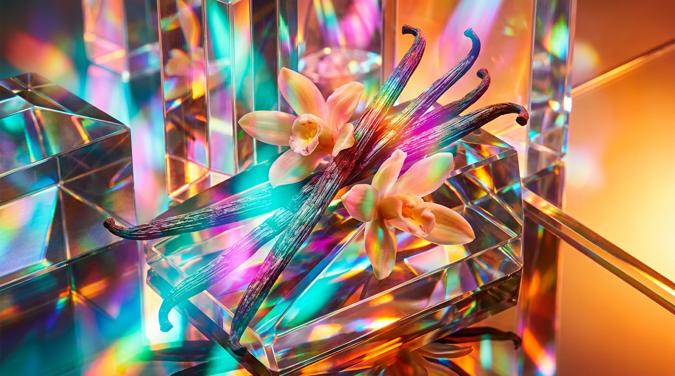 An aesthetic display of vanilla pods and luxury fragrance bottles