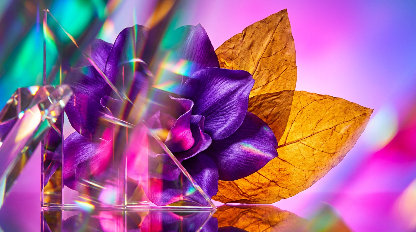 An artistic representation of violet petals falling onto high-quality tobacco leaves
