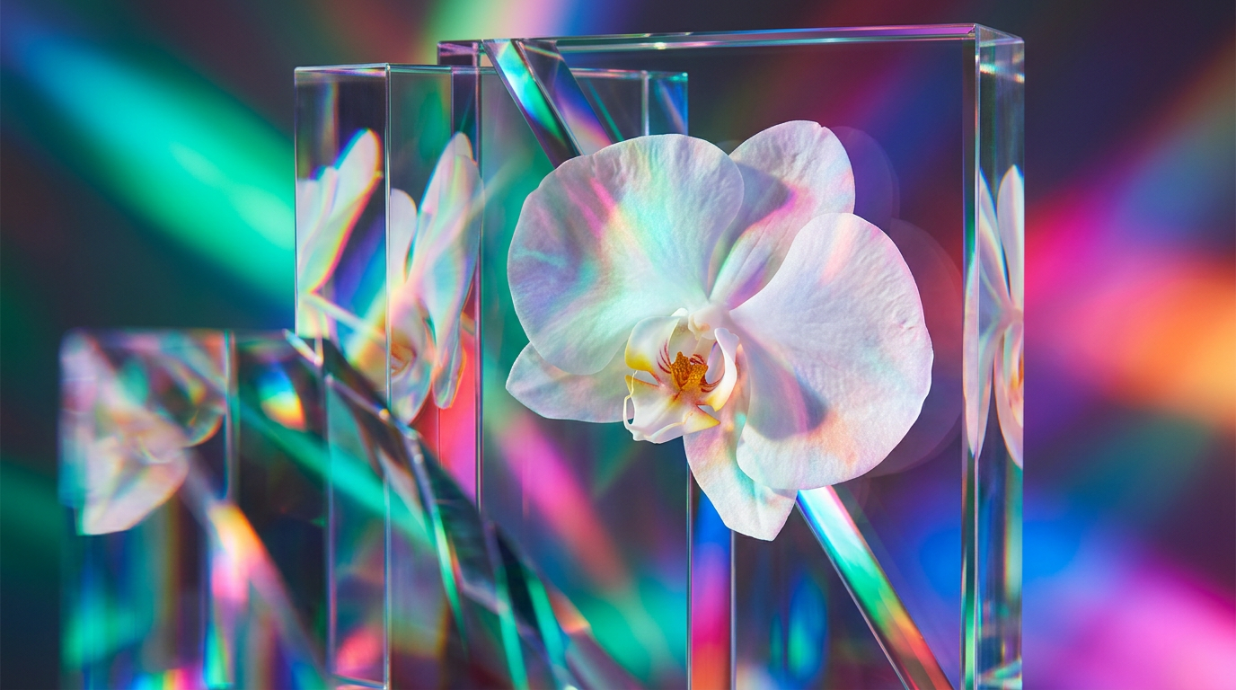 An ethereal white orchid in a mist-covered garden setting