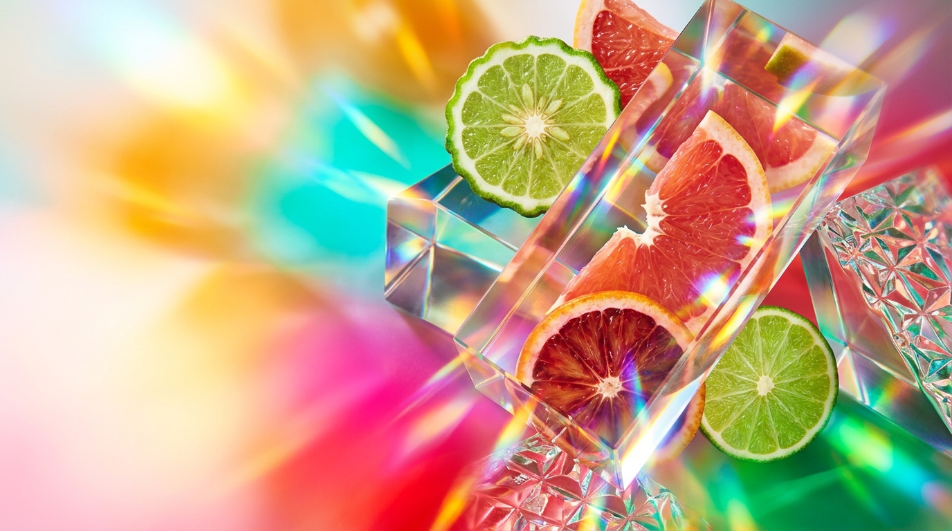 A collection of citrus fruits and Shay & Blue fragrance bottles on a sunlit table