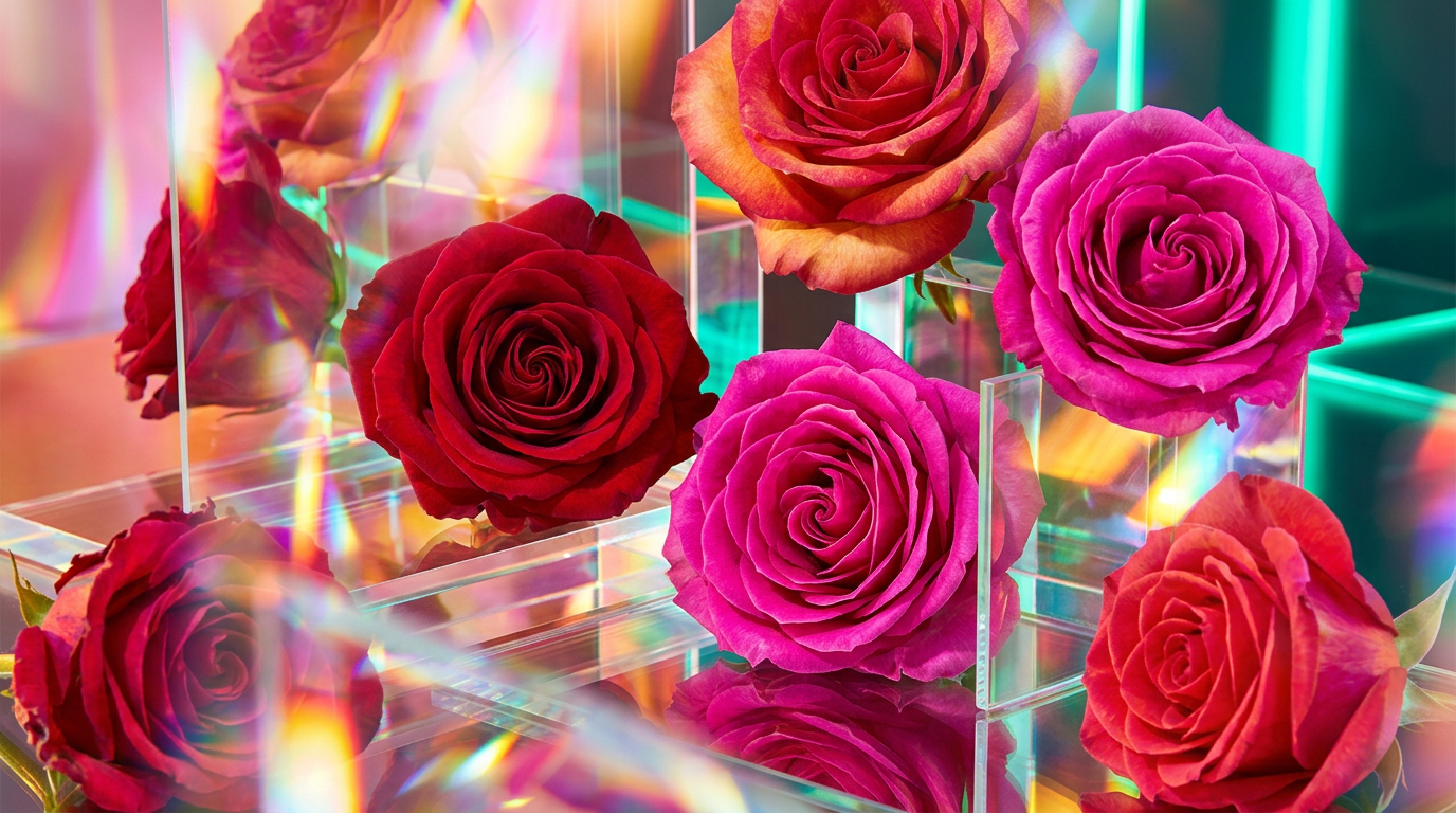 A beautiful arrangement of wild roses and luxury perfume bottles