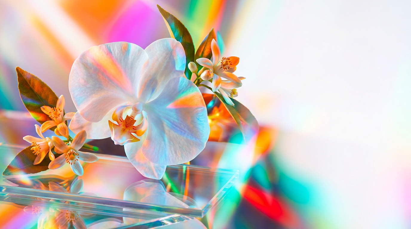 An aesthetic display of white orchids and orange blossoms in a soft morning light