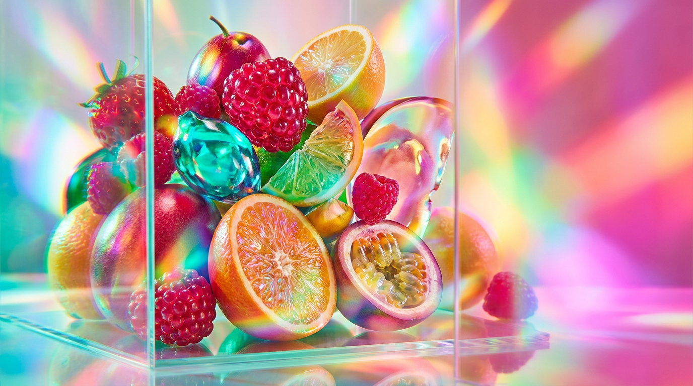 Luxury perfume bottles arranged on a marble surface with fresh fruit and flowers