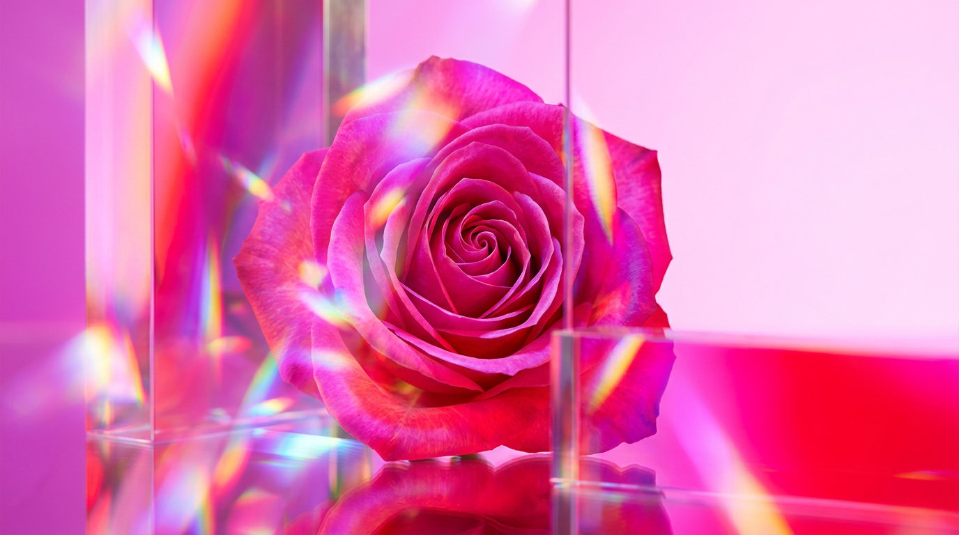 A crystalline bottle of rose fragrance amidst dew-covered petals