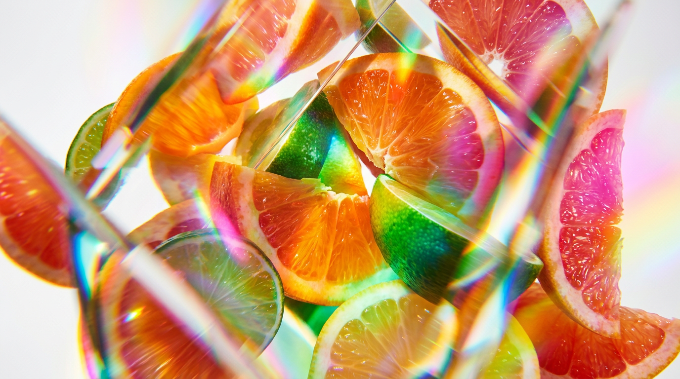 A bright bottle of citrus perfume sitting on a sun-drenched balcony