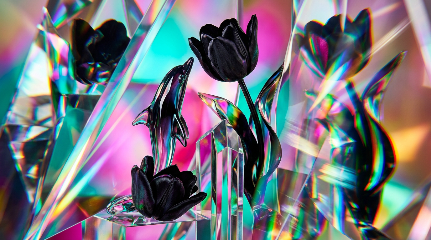 An artistic display of luxury perfume bottles reflecting light and shadow