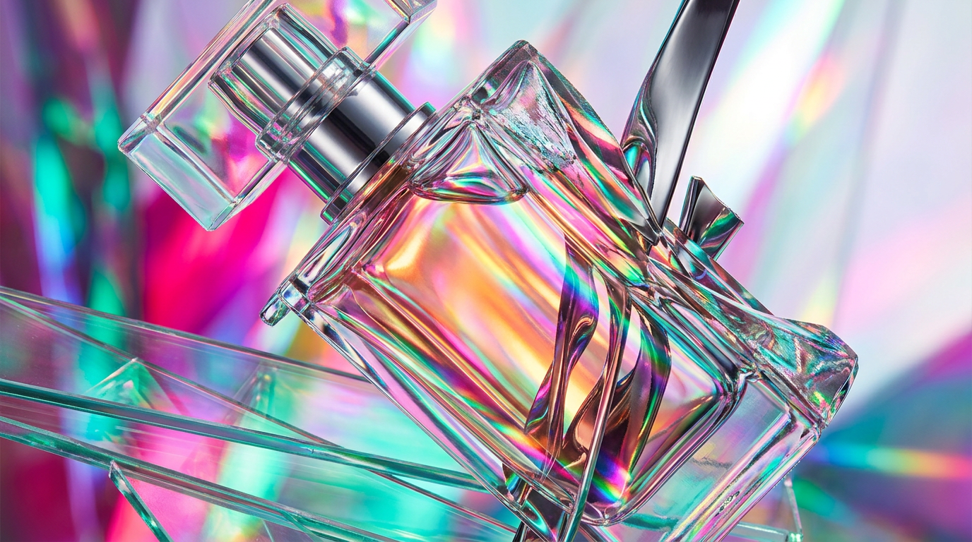 An artistic glass perfume bottle amidst wild botanicals and shadows, representing a rebellious spirit