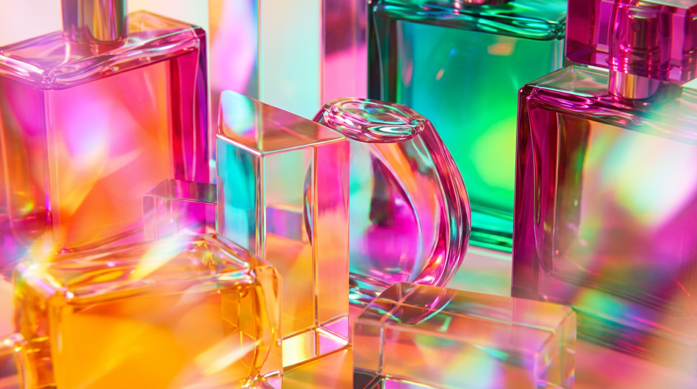 A collection of elegant perfume bottles representing different times of the day