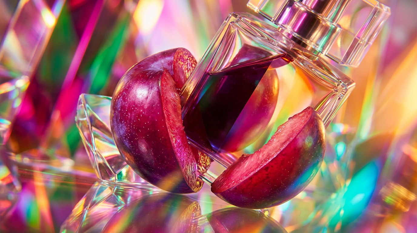 An aesthetic display of deep purple plums and luxury perfume bottles on a velvet surface