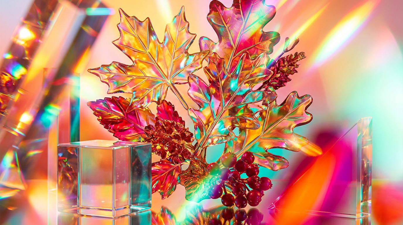 Cozy fall aesthetic with autumn leaves and warm perfume bottles