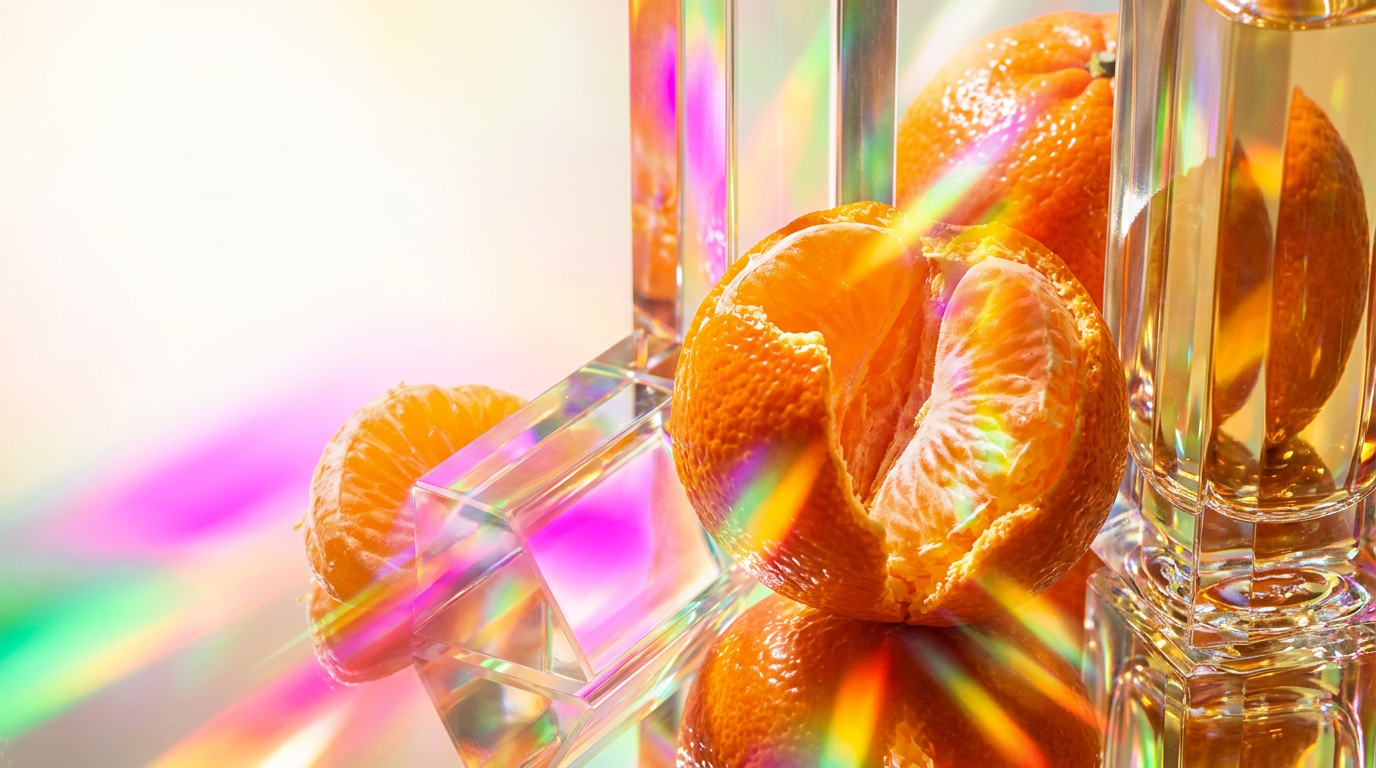 A bright morning scene with fresh citrus fruits and high-end perfume bottles on a sunlit table