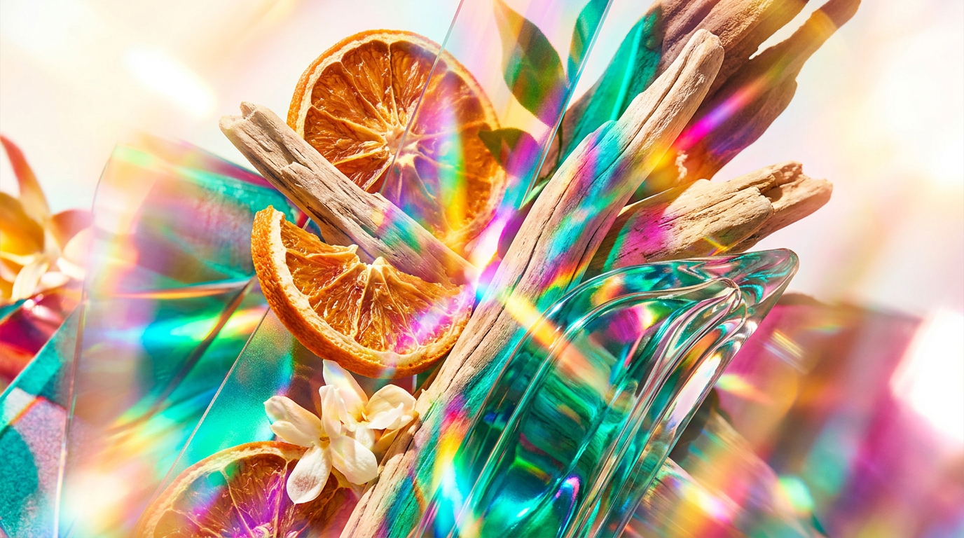 A collection of vibrant summer perfumes reflecting the golden hour light