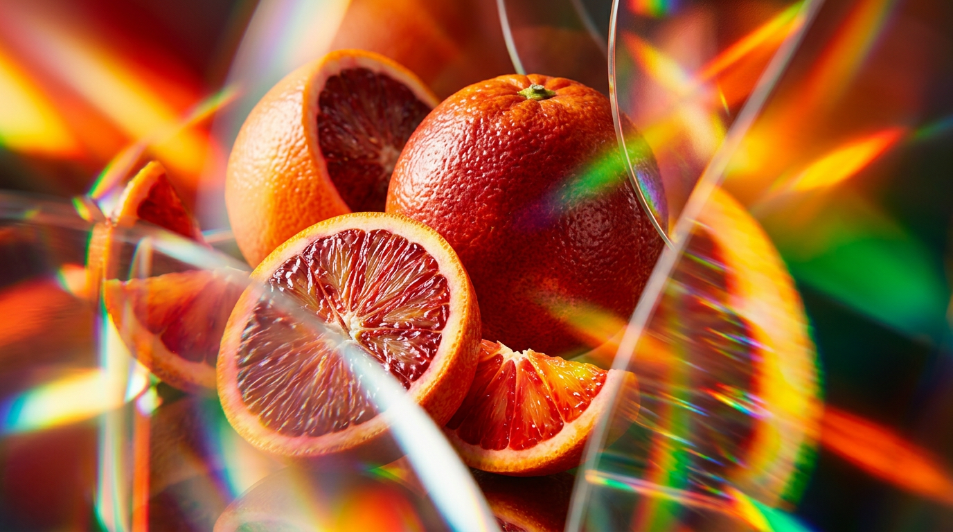 A vibrant display of fresh blood oranges and luxury perfume bottles in a sunlit setting