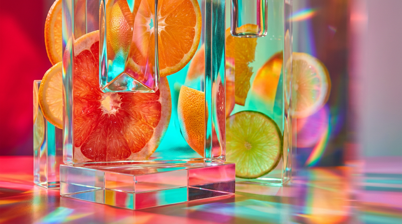 Fresh citrus fruits and perfume bottles on a sun-drenched table