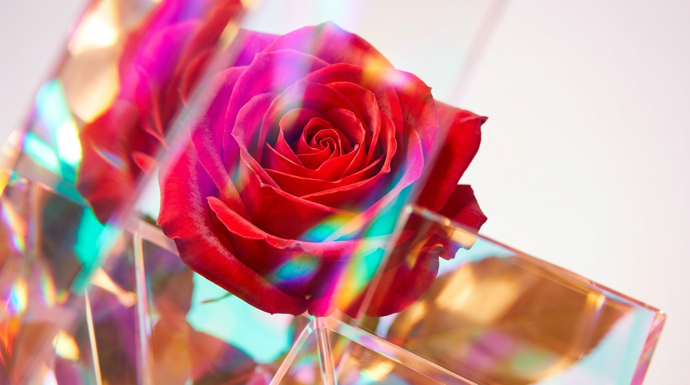 An artistic arrangement of fresh roses and artisanal perfume bottles