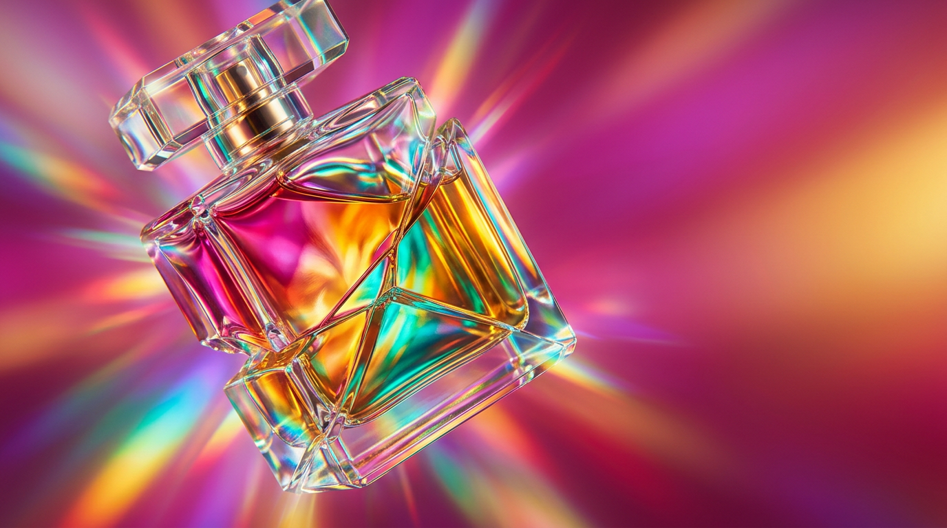 Luxury perfume bottles reflecting in light, representing fragrance evolution
