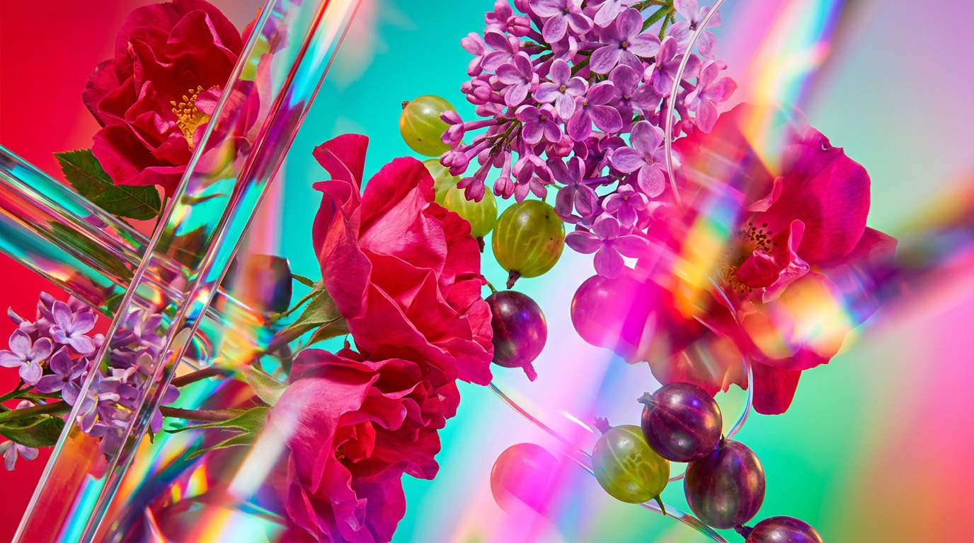 Wild Roses and Lilacs & Gooseberries perfume bottles on a botanical background