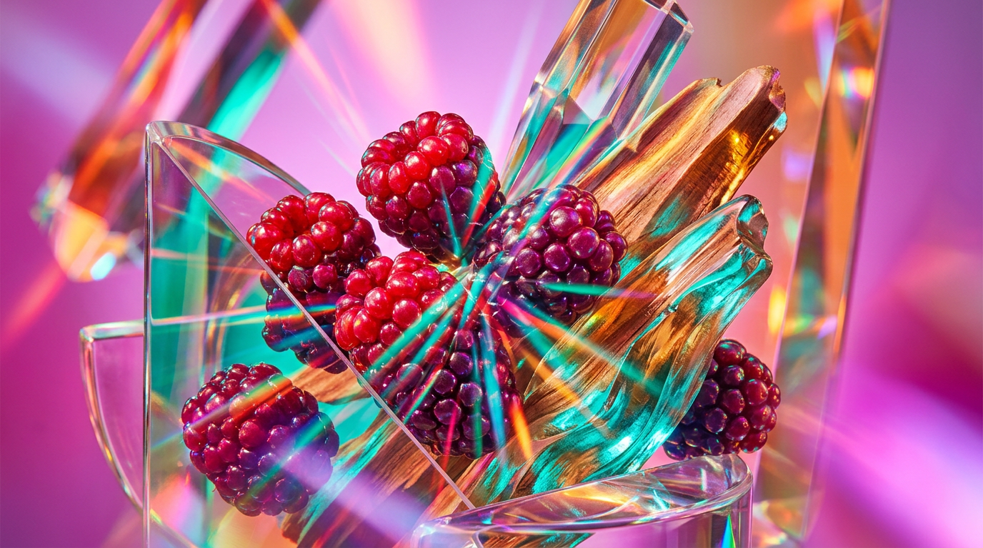 Luxury Blackberry Woods fragrance bottle and botanical elements