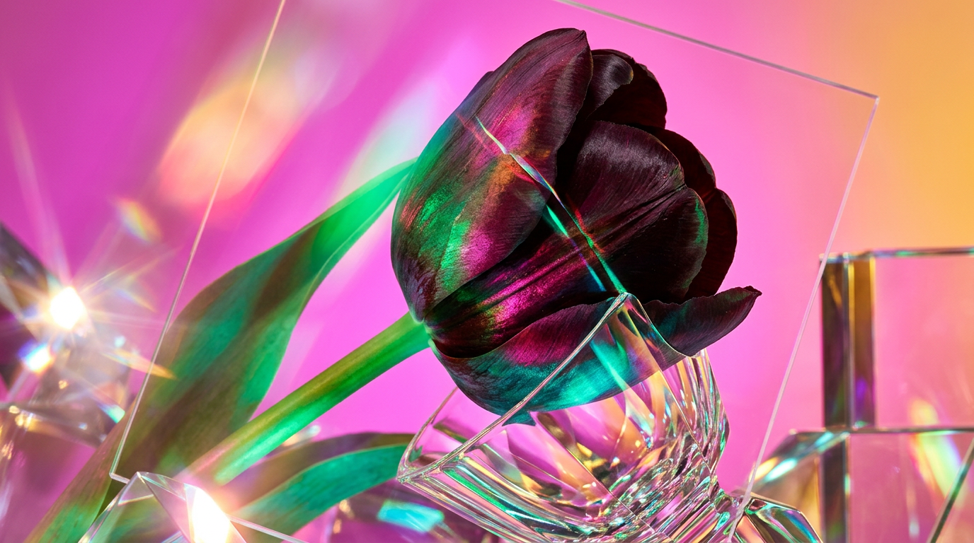 Black Tulip fragrance bottle in a moody, elegant setting