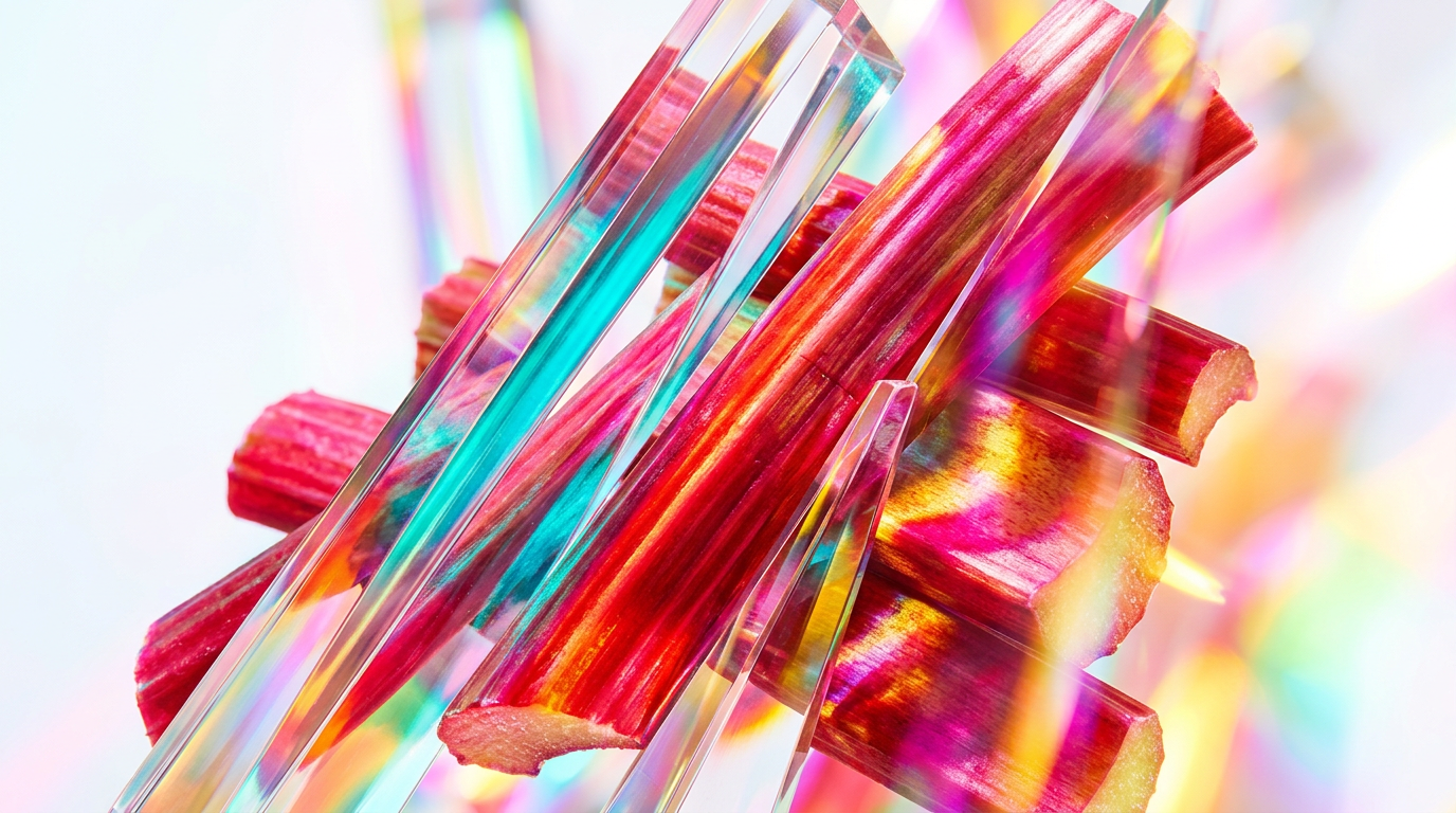 Fresh rhubarb stalks and botanical perfume elements