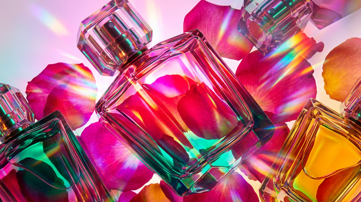 Exquisite holiday perfume bottles on a festive backdrop