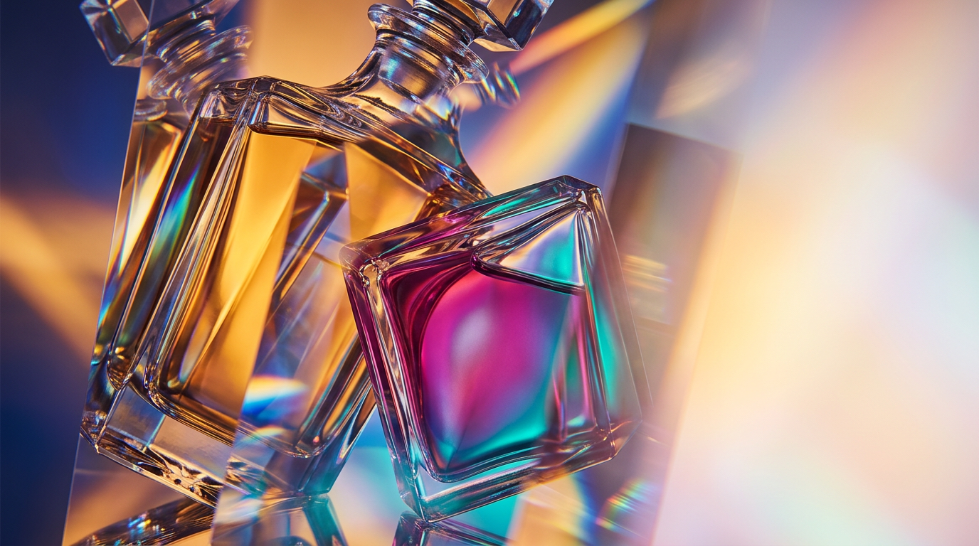 An elegant evening setting with warm lighting and luxury perfume bottles