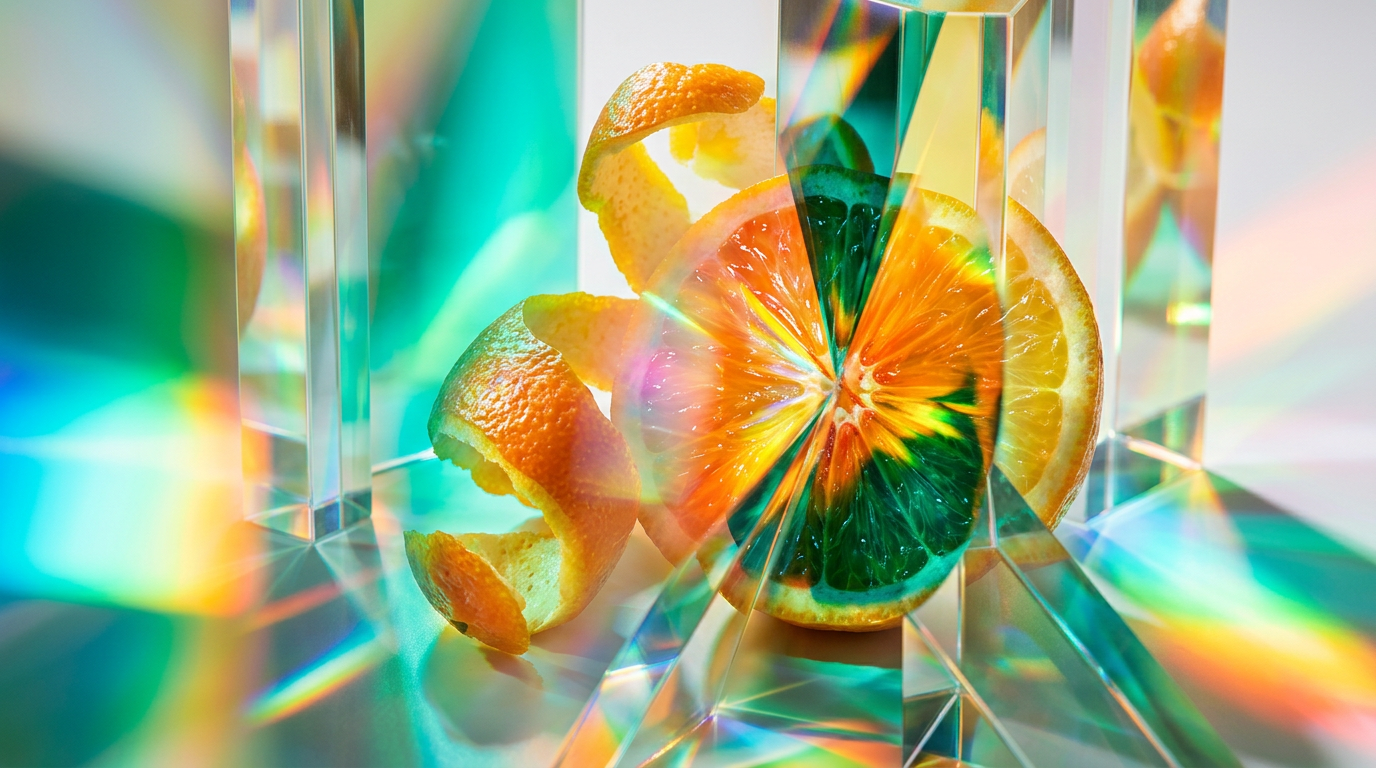 A collection of vibrant citrus fruits and fragrance bottles representing zesty notes