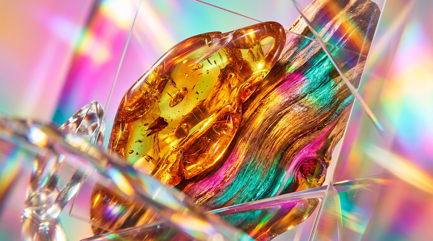 An atmospheric display of amber resins and polished wood textures
