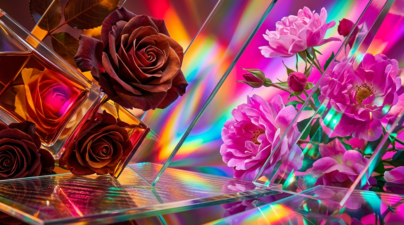 Luxury rose perfume bottles on a marble surface with fresh roses