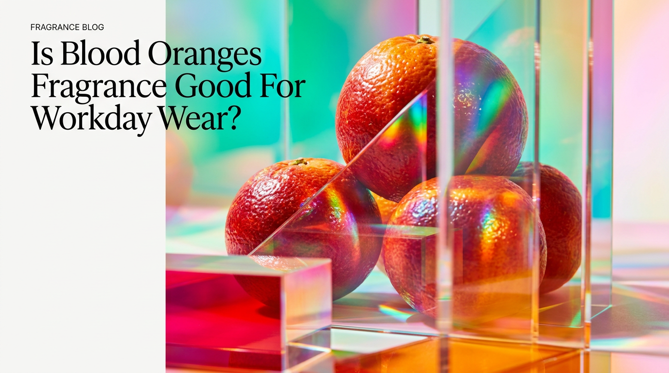 A professional desk setup with a bottle of Blood Oranges fragrance