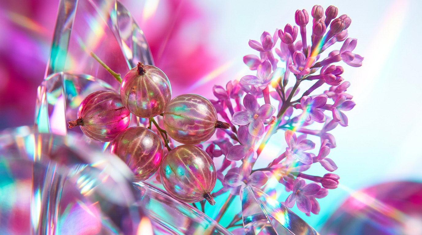 An ethereal arrangement of purple lilac blossoms and tart green gooseberries in a dewy forest setting
