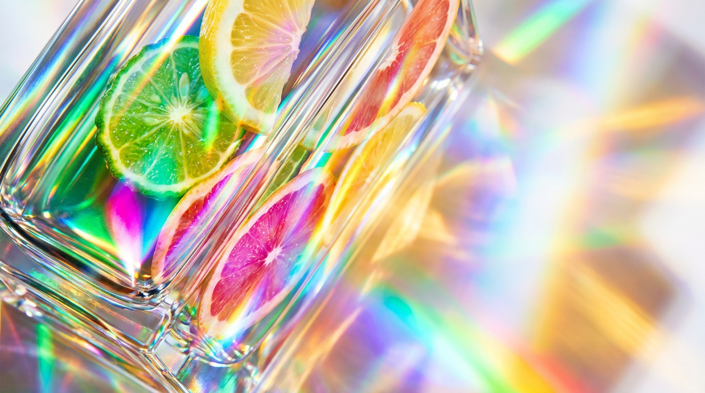 A vibrant display of citrus fruits and luxury fragrance bottles in the summer sun